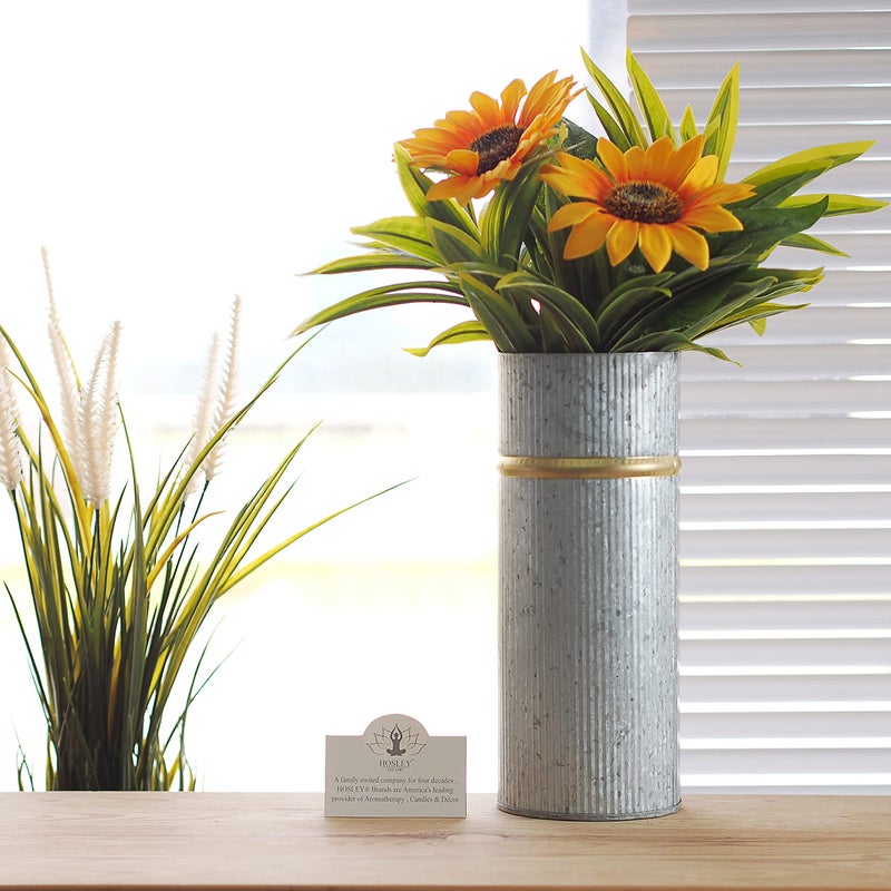 Hosley Set of 2 Galvanized Vases with Gold Rim 4" Dia x10 H - Ideal Floral Vases for Floral Arrangements Farmhouse Kitchen Decor Rustic Elegance and Modern Appeal in One Farmhouse Chic - Image 4